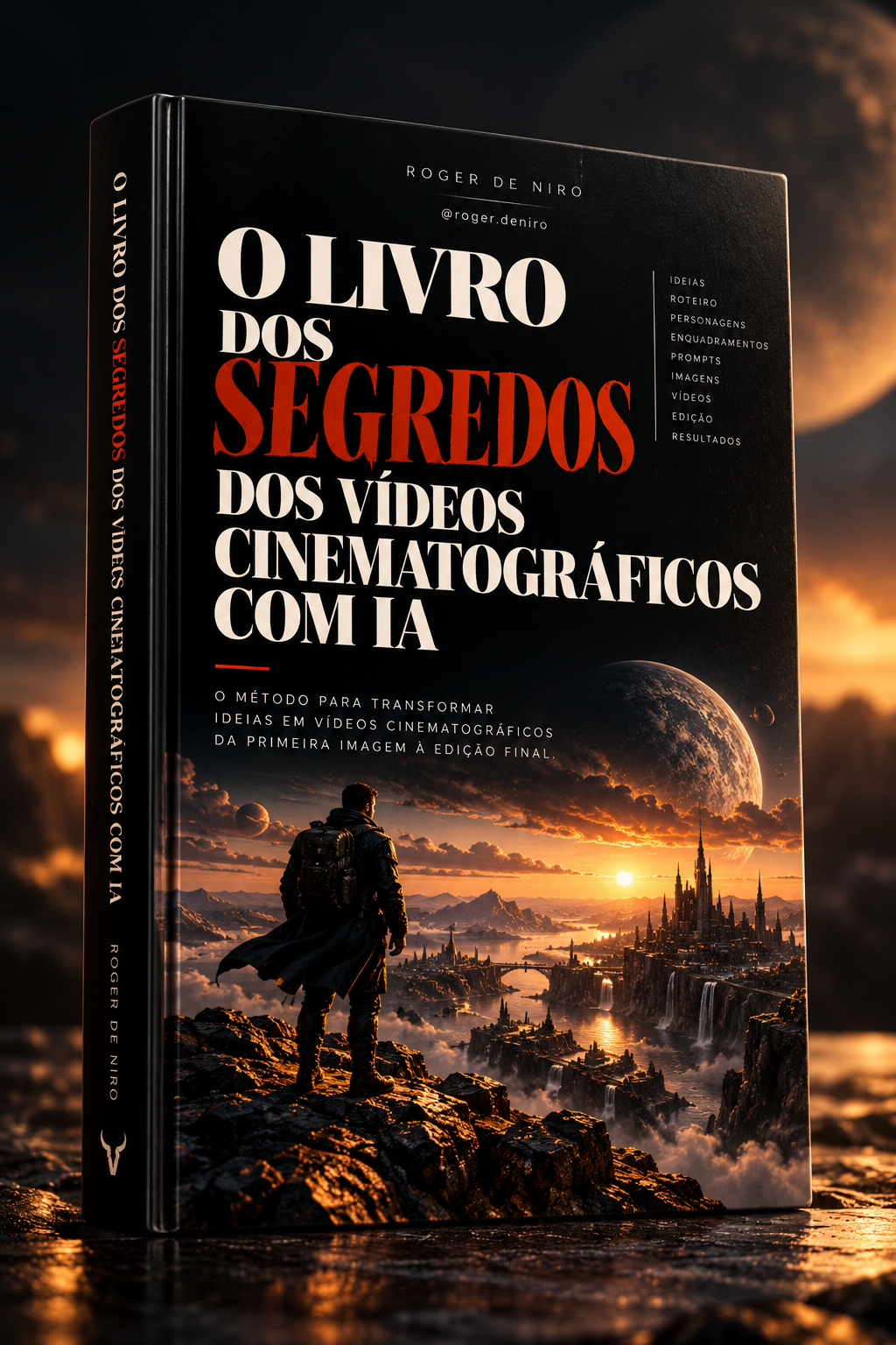 Capa oficial 3D de O Livro dos Segredos dos Vídeos Cinematográficos com IA - Roger De Niro