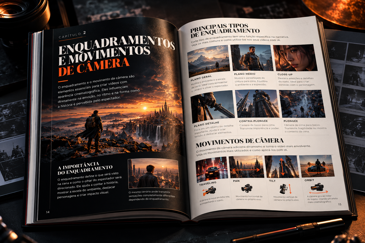 Mockup do livro aberto mostrando páginas internas sobre tipos de enquadramento e movimentos de câmera