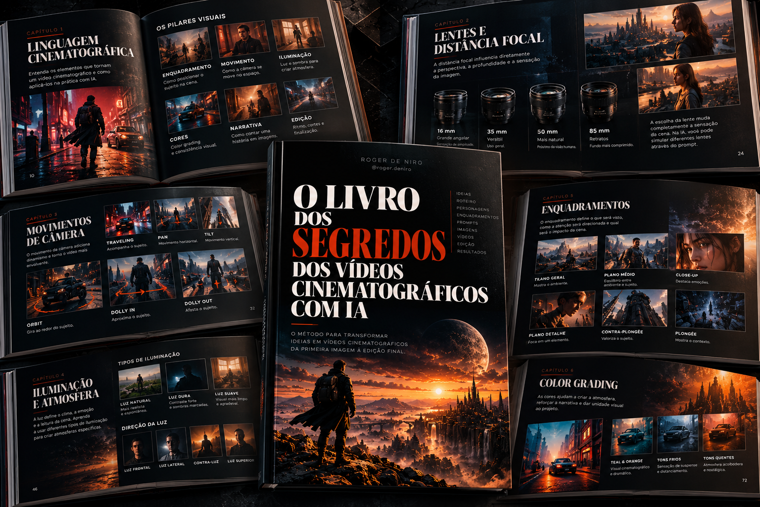 Mockup do livro com páginas e diagramas cobrindo lentes, iluminação, color grading e linguagem